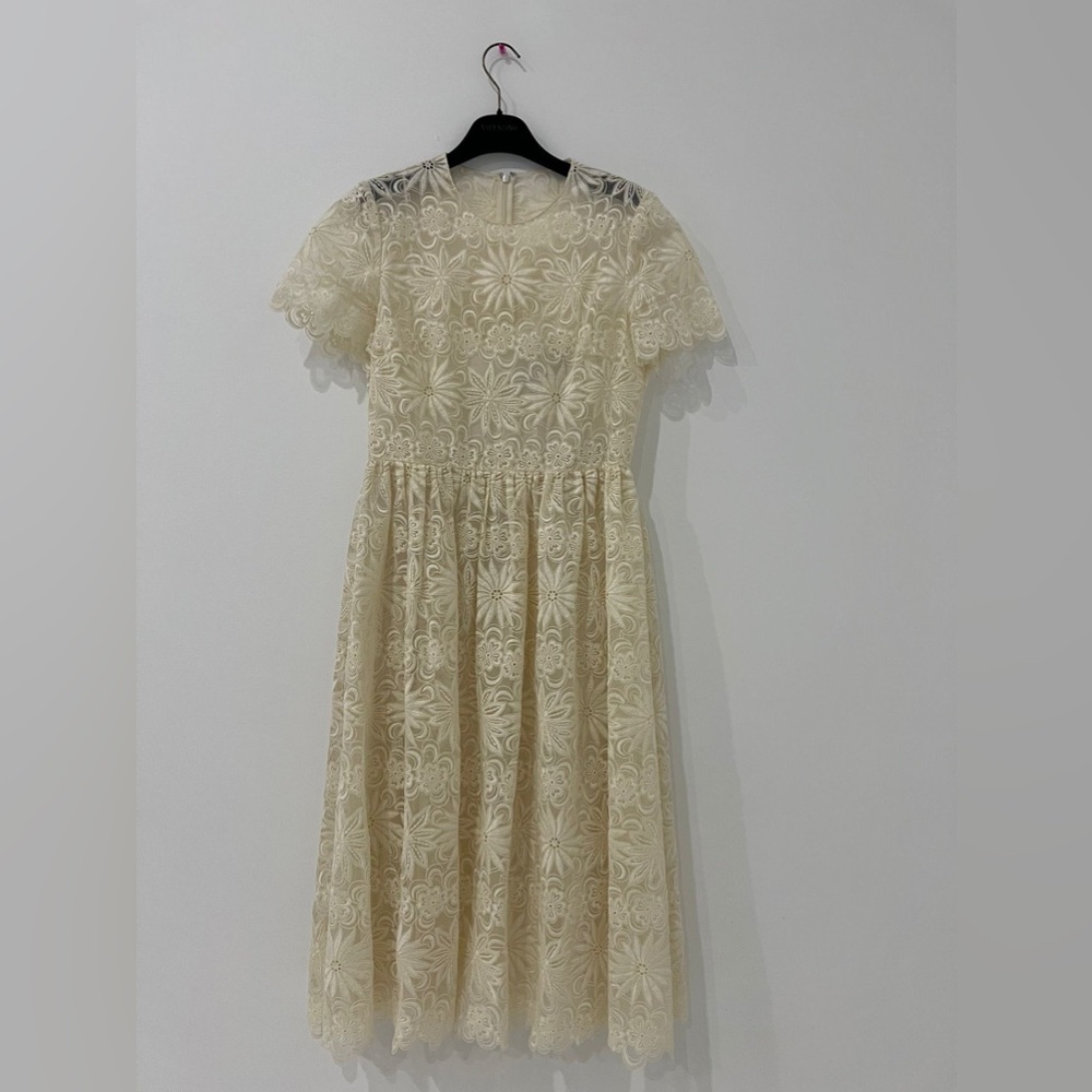 $6250 Valentino Women Beige Floral Lace Organza Scalloped Midi Dress